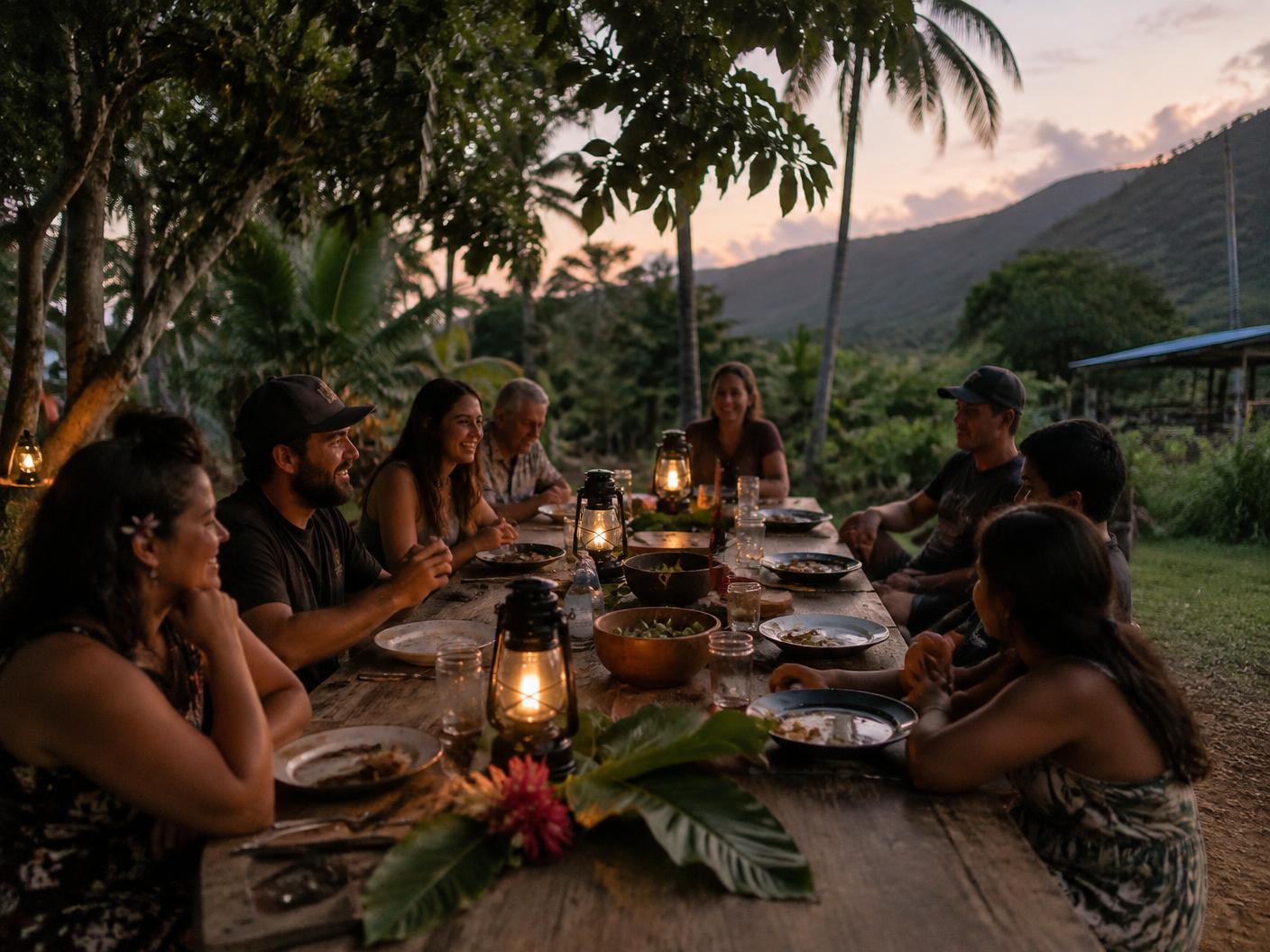 A group sharing a long table outdoors at dusk